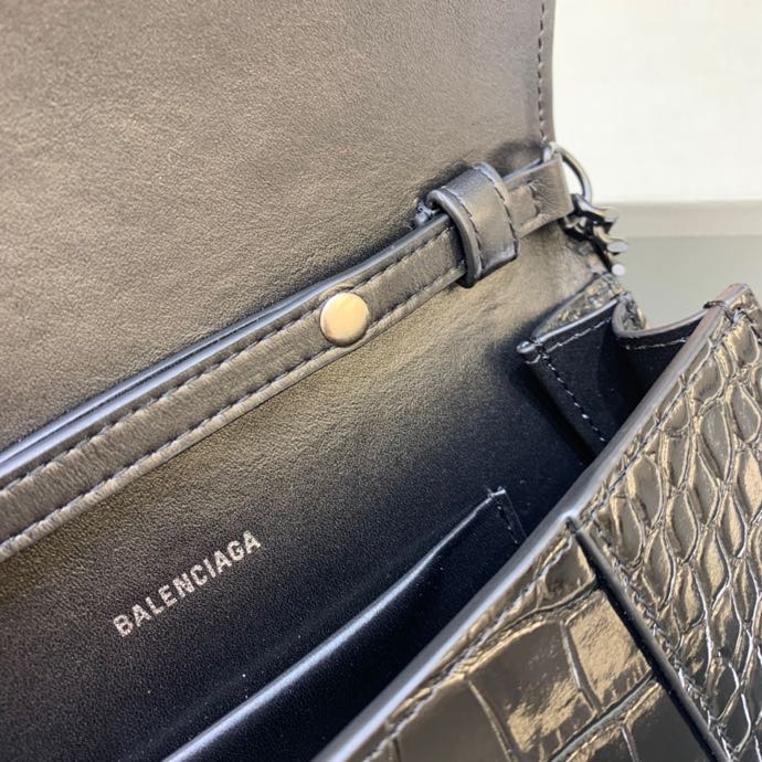 Balenciaga Big Hourglass Wallet With Chain Crocodile Embossed Shoulder Bag Black